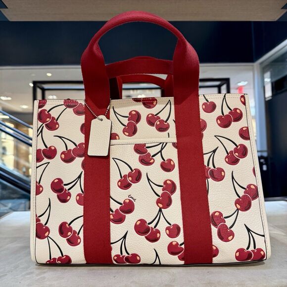 Coach Smith Tote Bag Cherry Print Handbag White Red NWT - Picture 2 of 11